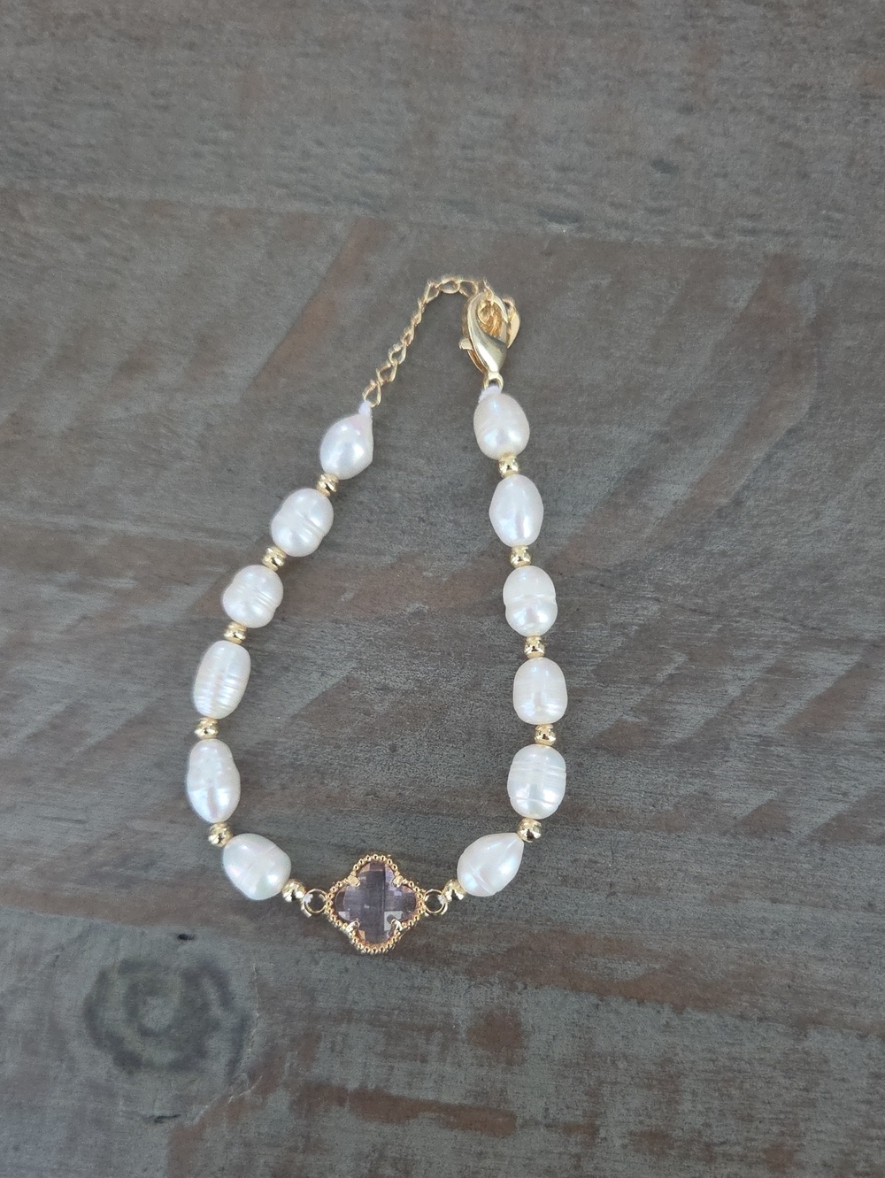 Freshwater Pearl & Crystal Clover Charm Bracelet Gold